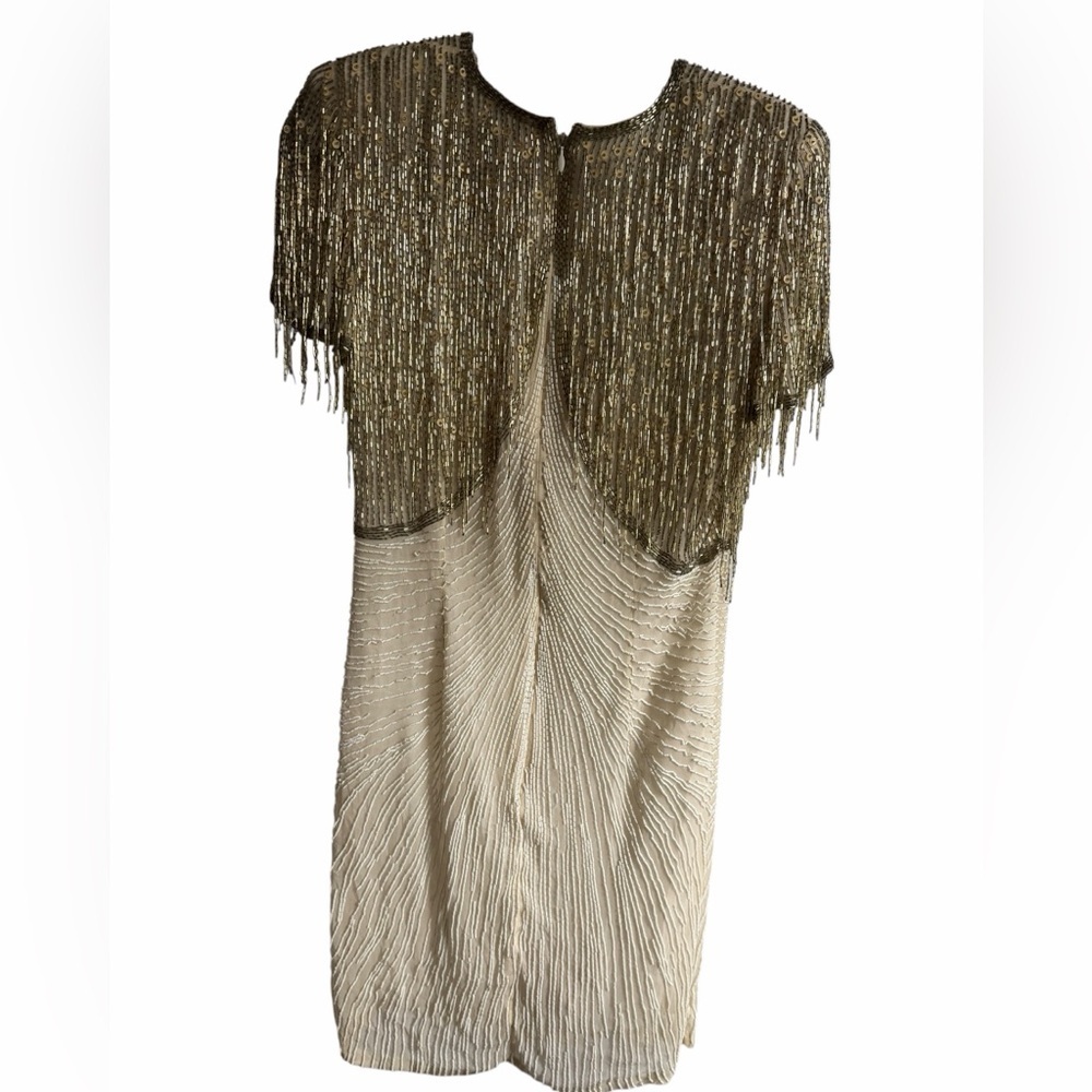 Vintage 100% Silk Beaded Gold Silver Fringe Cocktail Flapper Dress Short Sleeved - Picture 3 of 10